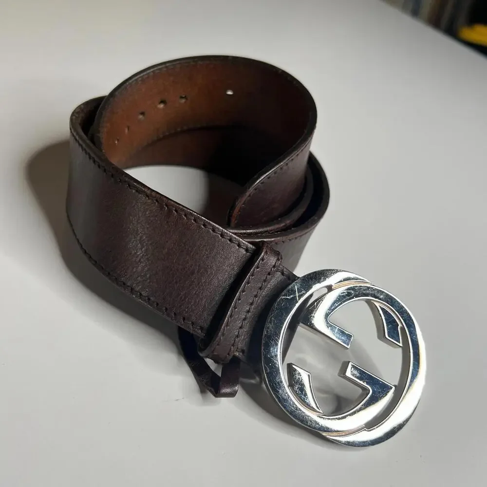 Gucci Men’s Leather Belt Brown GG Silver Buckle 114876 Made in‎ Italy